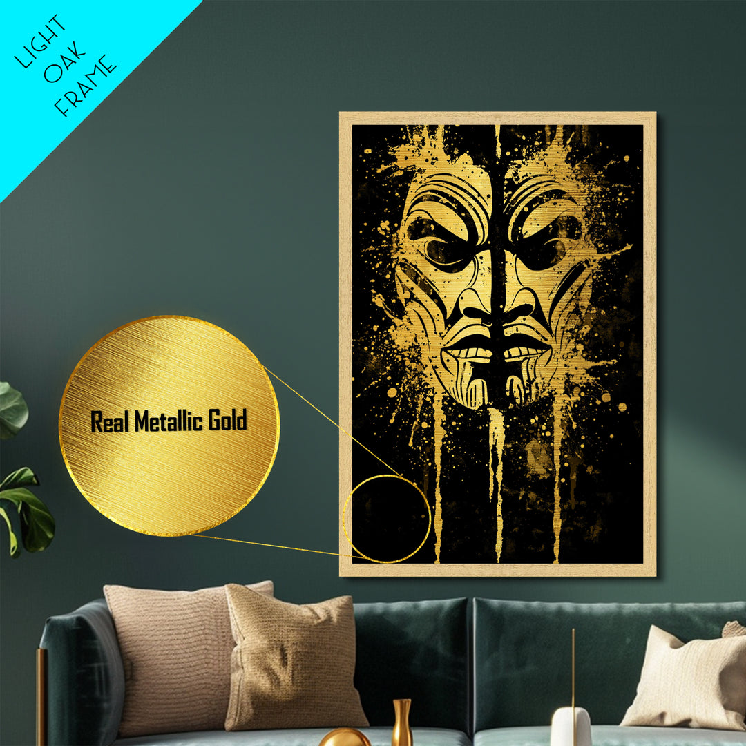 Tribal Warrior Mask Metallic Gold Metal Print, Maori Inspired Art, Ethnic Wall Decor, Real Wood Framed Metallic Gold Artwork