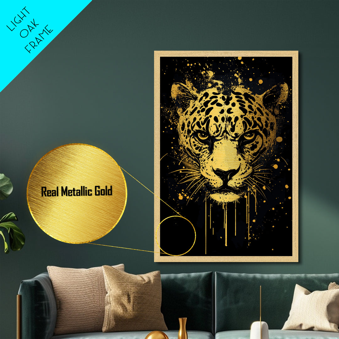 Leopard Head Metallic Gold Metal Print, Jungle Cat Wall Art, Animal Spirit Decor, Real Wood Framed Fierce Modern Artwork