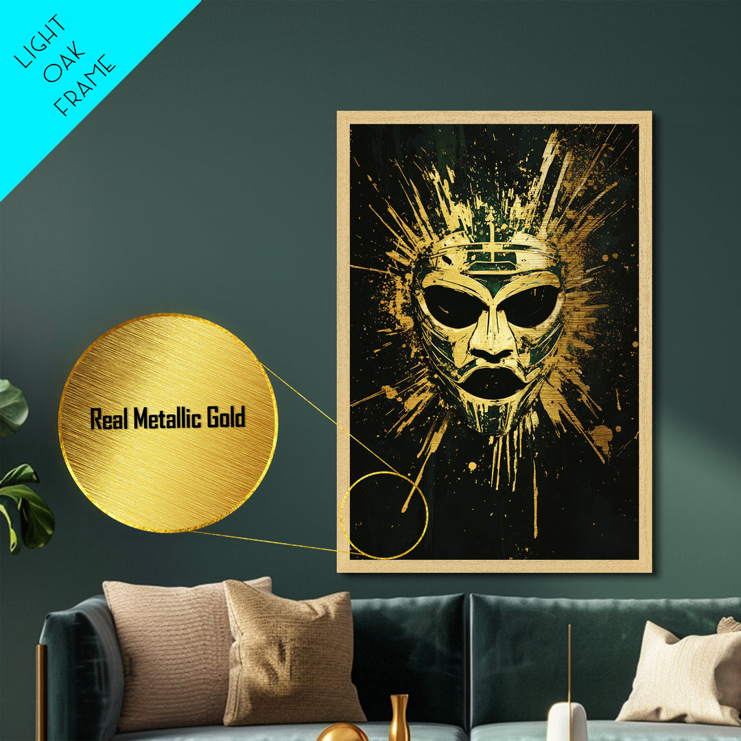 Ancient Warrior Mask Metallic Gold Metal Print, Mythology Wall Decor, Spiritual Protection Art, Real Wood Framed Artwork