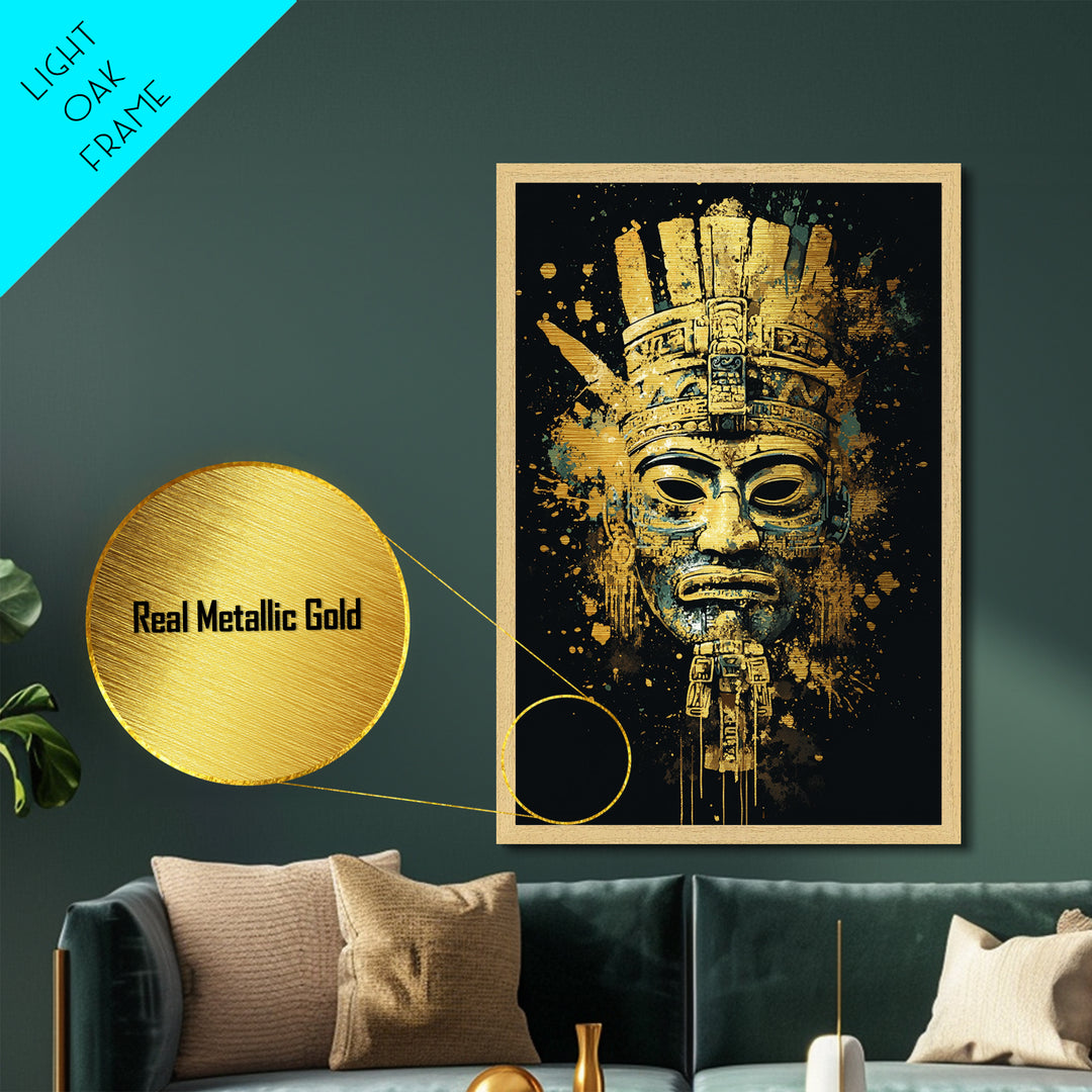 Mayan Inspired Mask Metallic Gold Metal Print, Ancient Civilization Art, Tribal Wall Decor, Real Wood Framed Gold Artwork