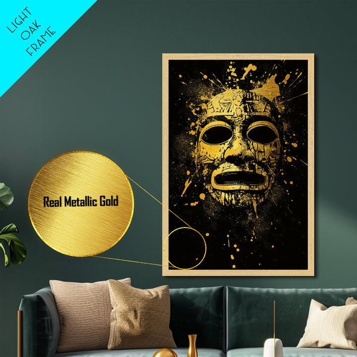 Aztec Mask Metallic Gold Metal Print, Ancient Mythology Art, Tribal Wall Decor, Real Wood Framed Cultural Gold Artwork