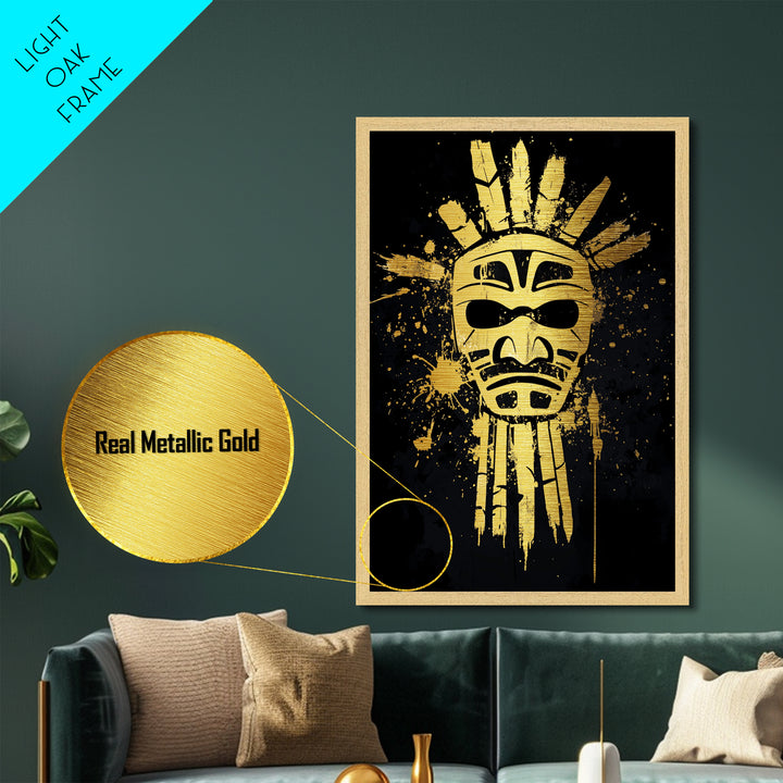Tribal Sun Mask Metallic Gold Metal Print, Ancestral Wall Art, Sacred Symbol Decor, Real Wood Framed Mystical Gold Artwork