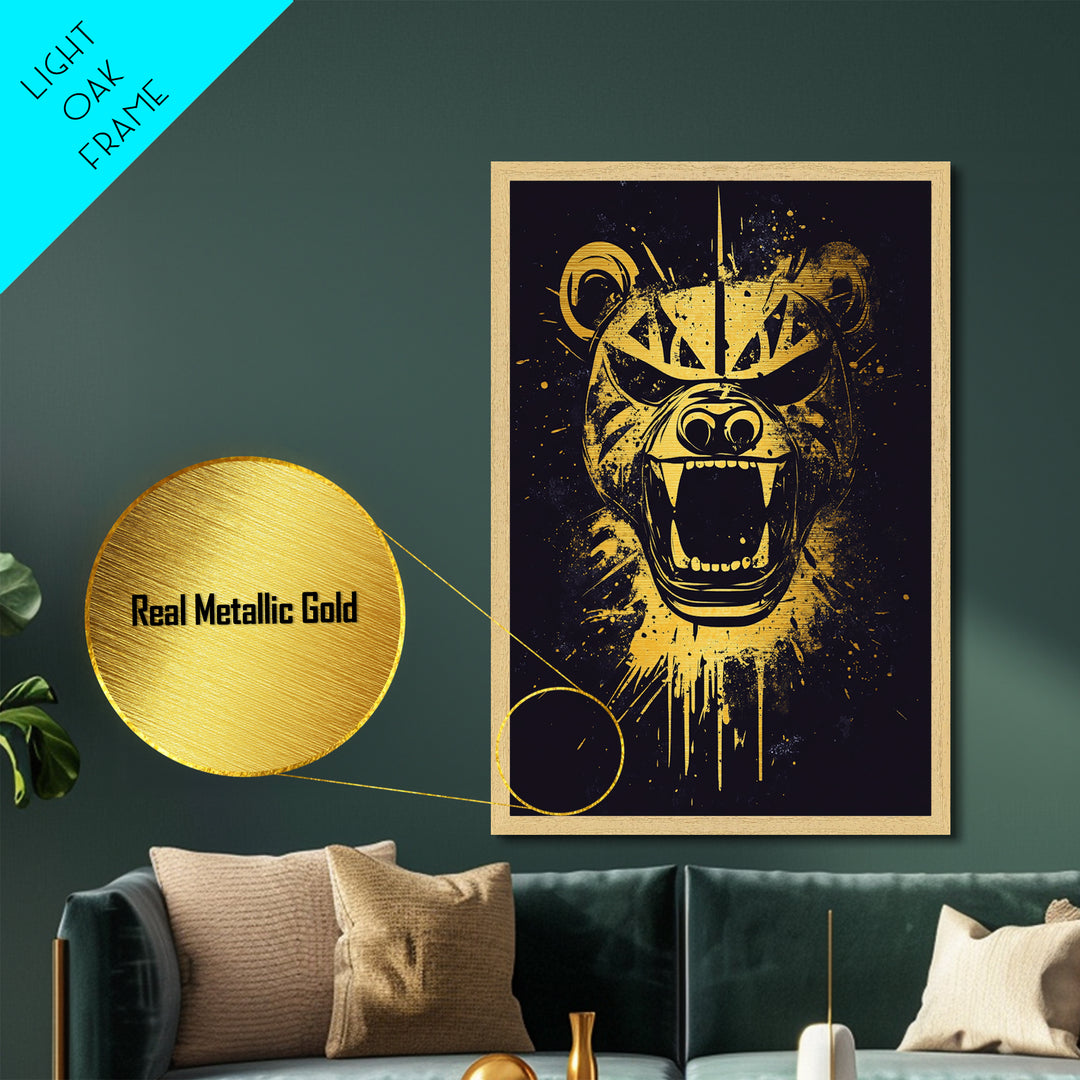 Fierce Bear Metallic Gold Metal Print, Tribal Bear Art, Modern Metal Wall Decor, Real Wood Frame, Bold Animal Artwork