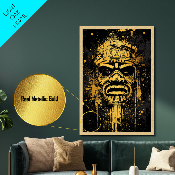 Ancient Tribal Mask Metallic Gold Metal Print, Cultural Art, Bold Splatter Wall Decor, Real Wood Frame, Dramatic Mask Artwork