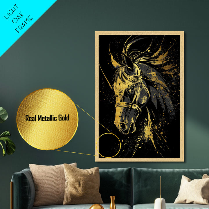 Majestic Horse Metallic Gold Metal Print, Equestrian Wall Art, Splatter Style Decor, Real Wood Frame, Bold Animal Artwork