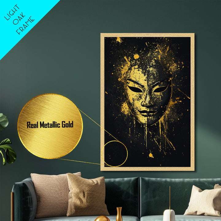 Elegant Tribal Face Metallic Gold Metal Print, Abstract Cultural Mask Art, Modern Wall Decor, Real Wood Frame, Splatter Artwork