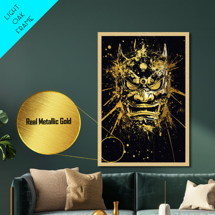 Demon Mask Metallic Gold Metal Print, Fierce Samurai Style Art, Splatter Wall Decor, Real Wood Frame, Bold Statement Artwork