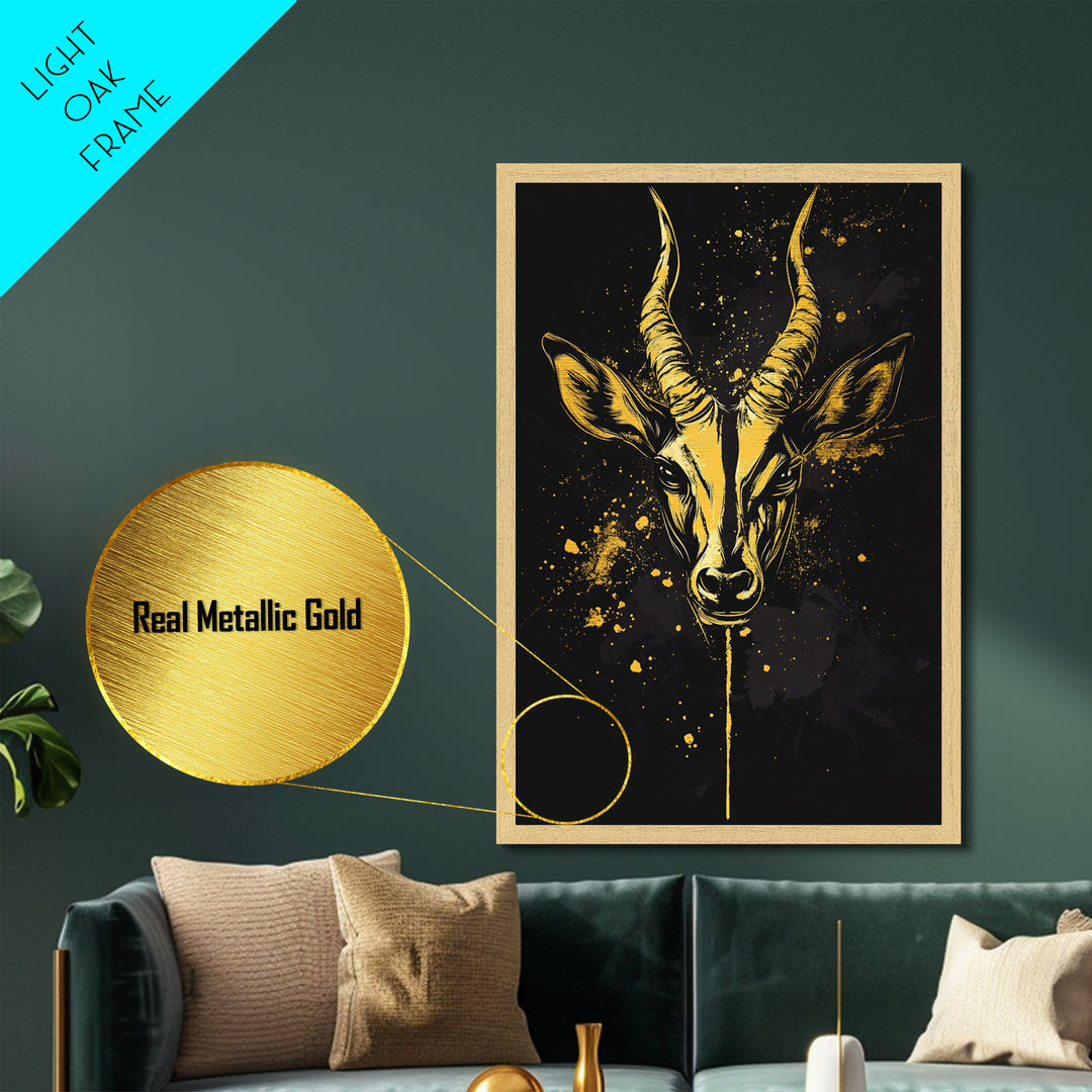 Antelope Head Metallic Gold Metal Print, Wildlife Art, Splatter Animal Decor, Real Wood Frame, Bold Tribal Inspired Artwork