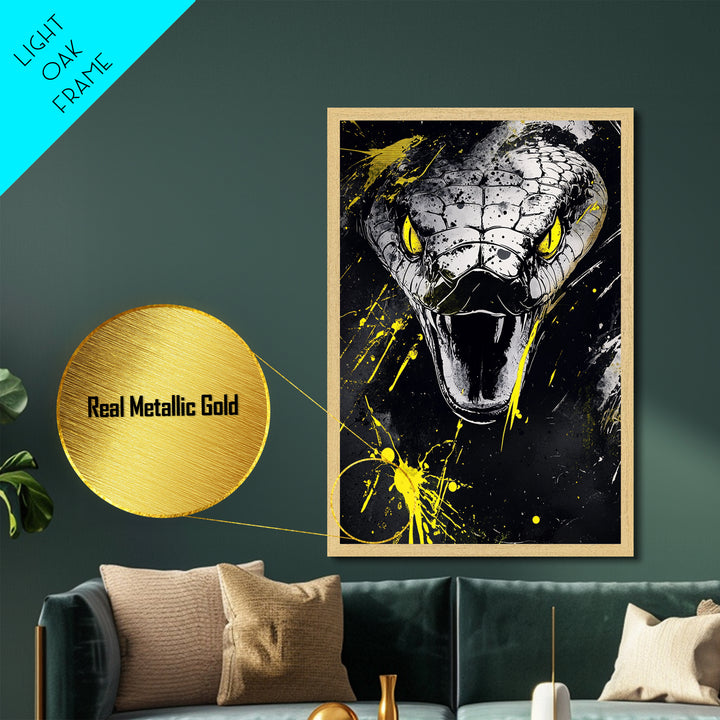 Viper Snake Metallic Gold Metal Print, Venomous Reptile Art, Bold Splatter Wall Decor, Real Wood Frame, Fierce Snake Artwork