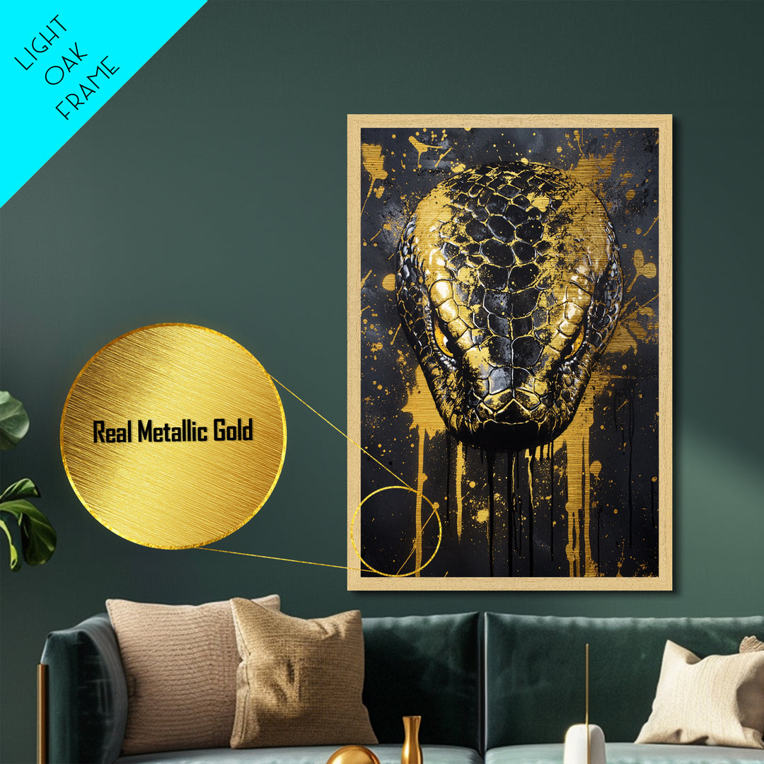 Python Snake Metallic Gold Metal Print, Tribal Reptile Art, Bold Metal Wall Decor, Real Wood Frame, Splatter Animal Artwork