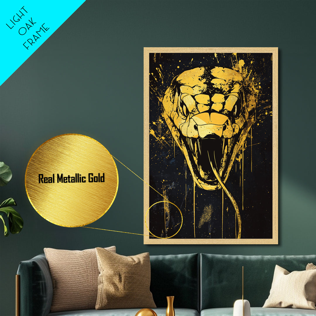 Cobra Head Metallic Gold Metal Print, Fierce Snake Art, Splatter Style Metal Decor, Real Wood Frame, Bold Animal Statement Artwork