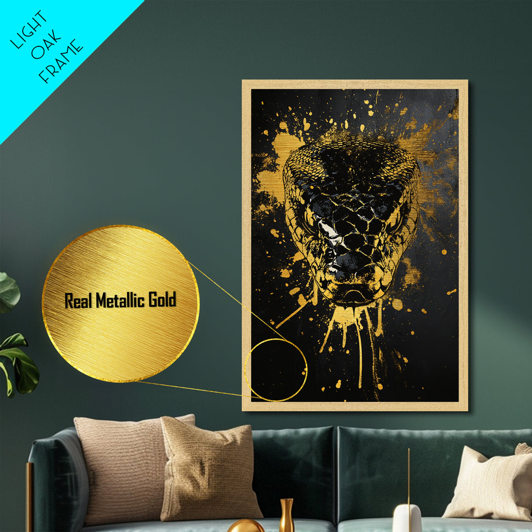 Fierce Snake Head Art,Modern Animal Wall Decor,Real Wood Frame,Bold Reptile Artwork,Striking Home Accent