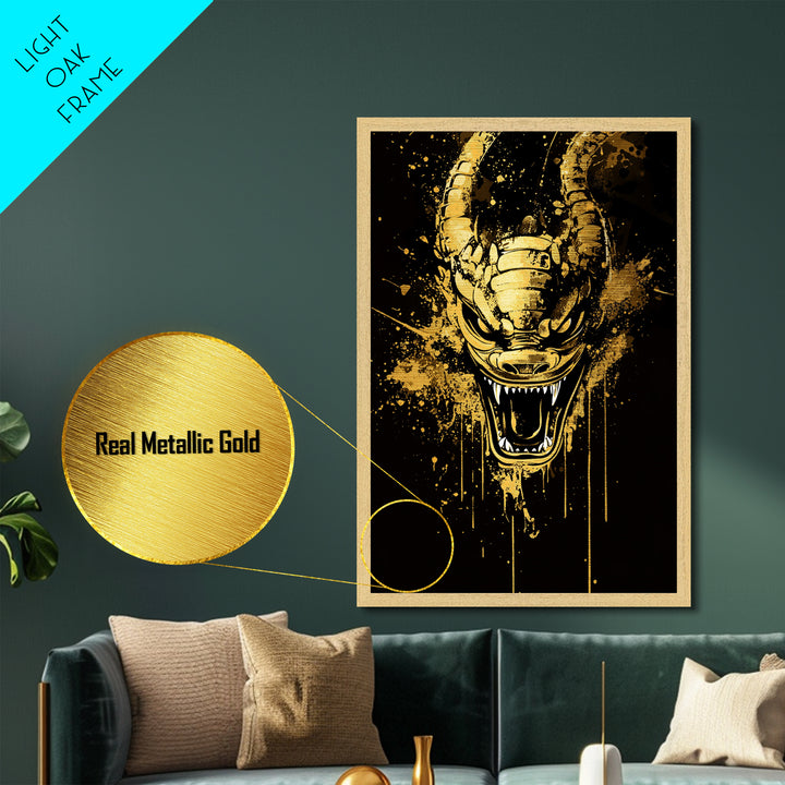 Mythical Dragon Face Artwork,Modern Fantasy Wall Decor,Real Wood Frame,Bold Creature Art,Striking Home Accent