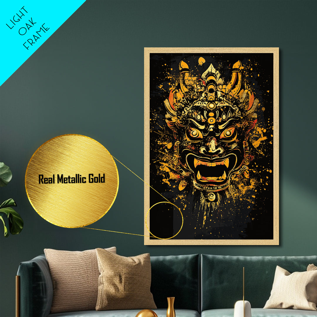 Fierce Demon Mask Artwork,Modern Cultural Wall Decor,Real Wood Frame,Bold Mythical Art,Striking Statement Accent