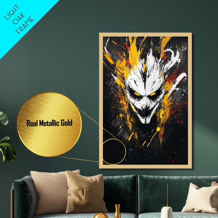 Intense Mask Artwork,Modern Abstract Wall Decor,Real Wood Frame,Bold Fiery Art,Striking Vibrant Statement Piece