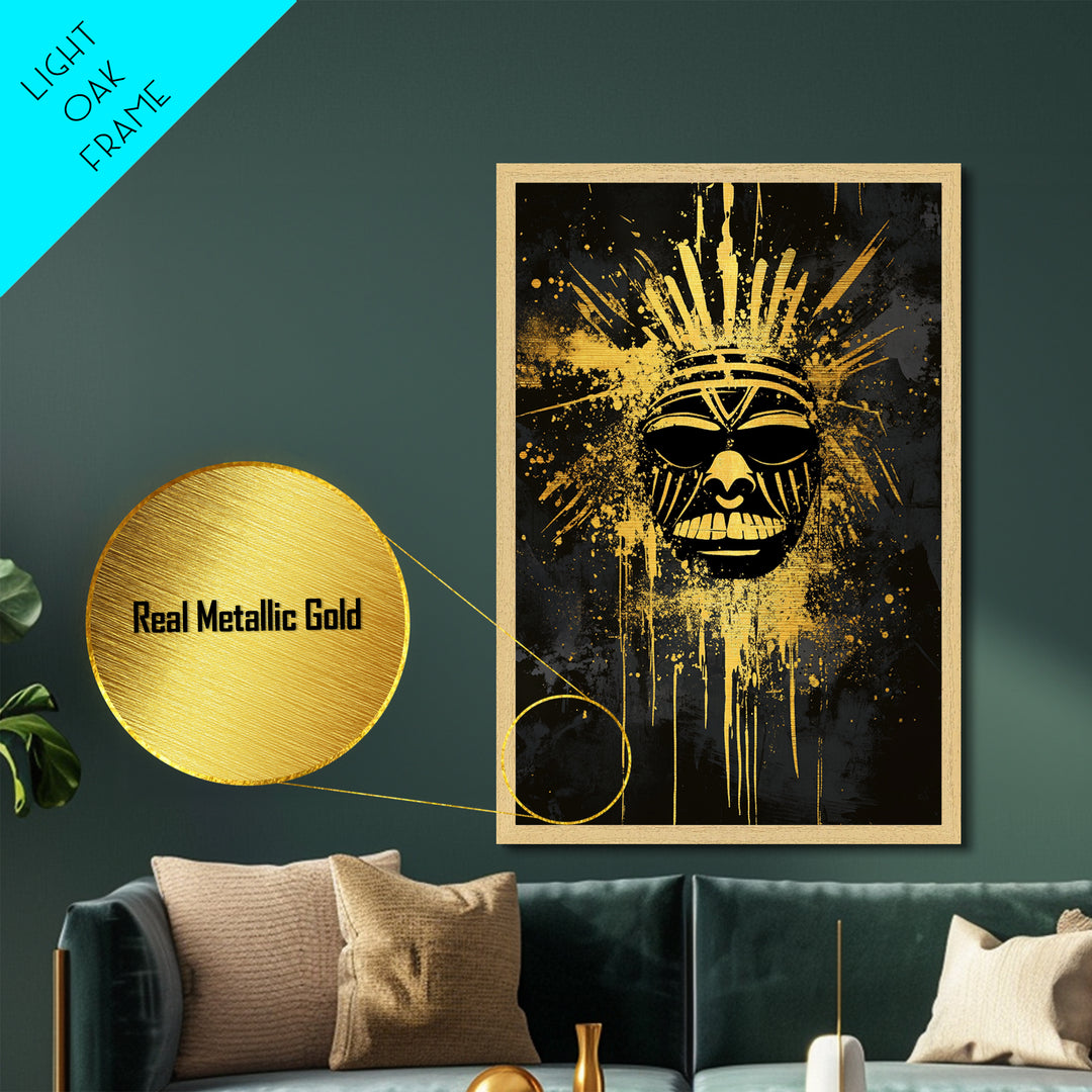 Tribal Sun Mask Metallic Gold Metal Print, Bold Wall Art With Real Wood Frame, Cultural Decor, Splatter Style Artwork