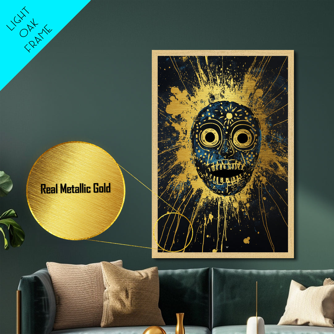 Cosmic Tribal Mask Metallic Gold Metal Print, Unique Wall Art With Real Wood Frame, Ethnic Decor, Bold Splatter Artwork