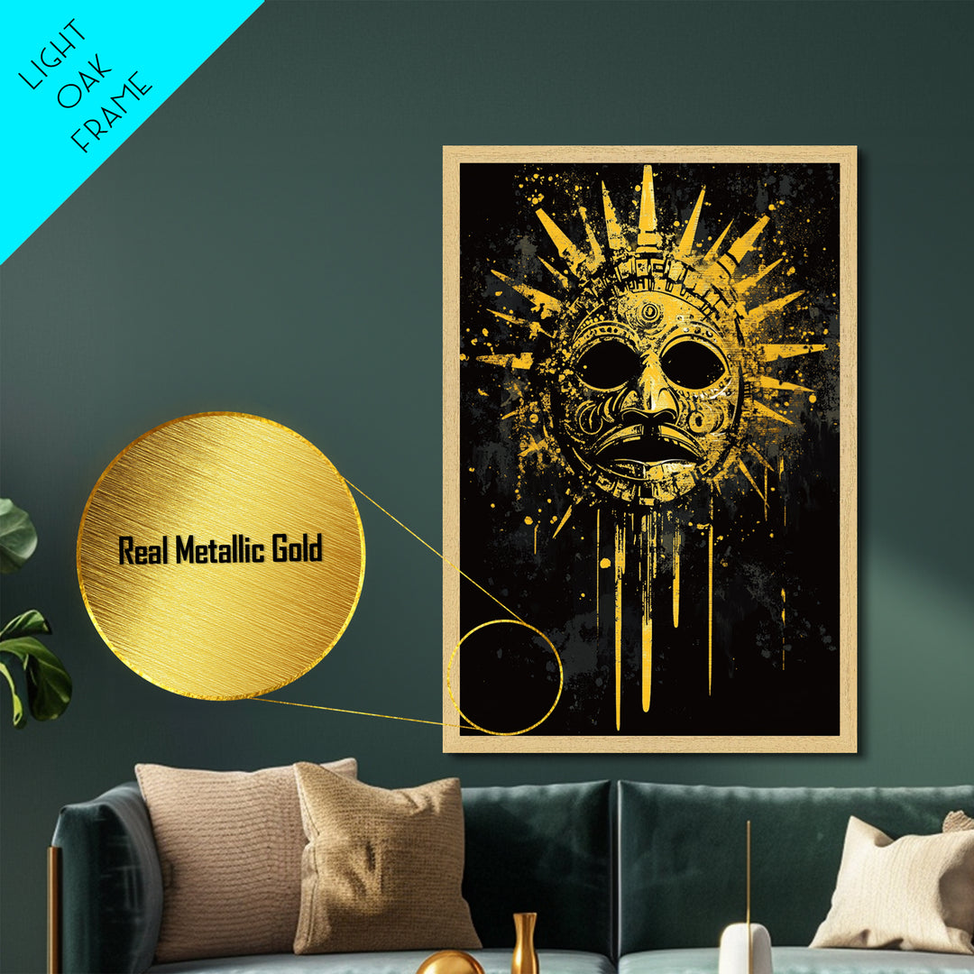 Aztec Sun God Mask Metallic Gold Metal Print, Tribal Wall Art With Real Wood Frame, Ancient Culture Decor, Bold Artwork