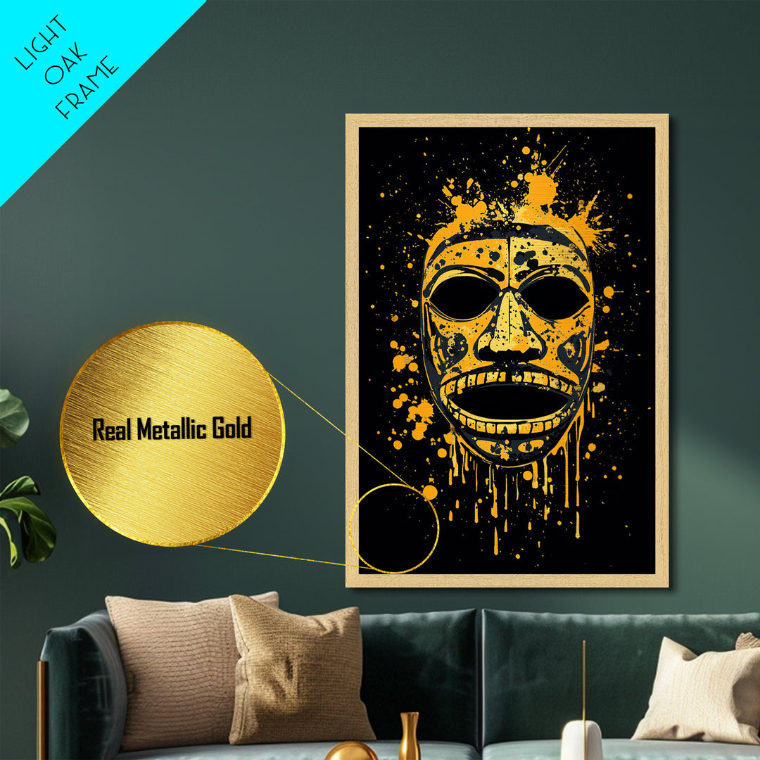 Traditional Tribal Mask Metallic Gold Metal Print, Splatter Style Wall Art With Real Wood Frame, Cultural Decor Accent