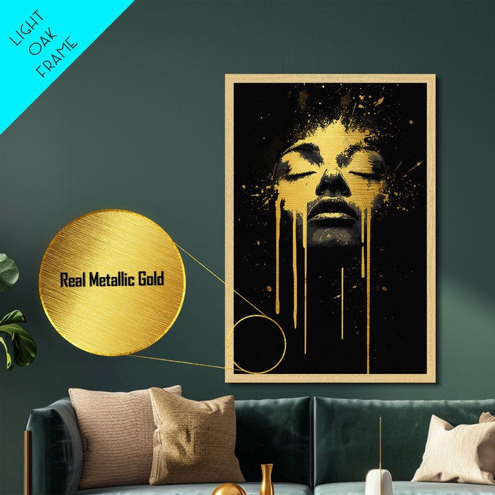 Golden Face Metallic Gold Art, Modern Wall Print With Real Wood Frame, Abstract Portrait, Splatter Style Cultural Decor