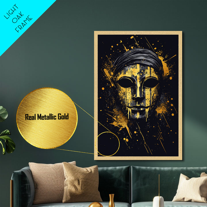 Classic Tribal Mask Metallic Gold Metal Print, Bold Ethnic Wall Art With Real Wood Frame, Splatter Style Cultural Decor