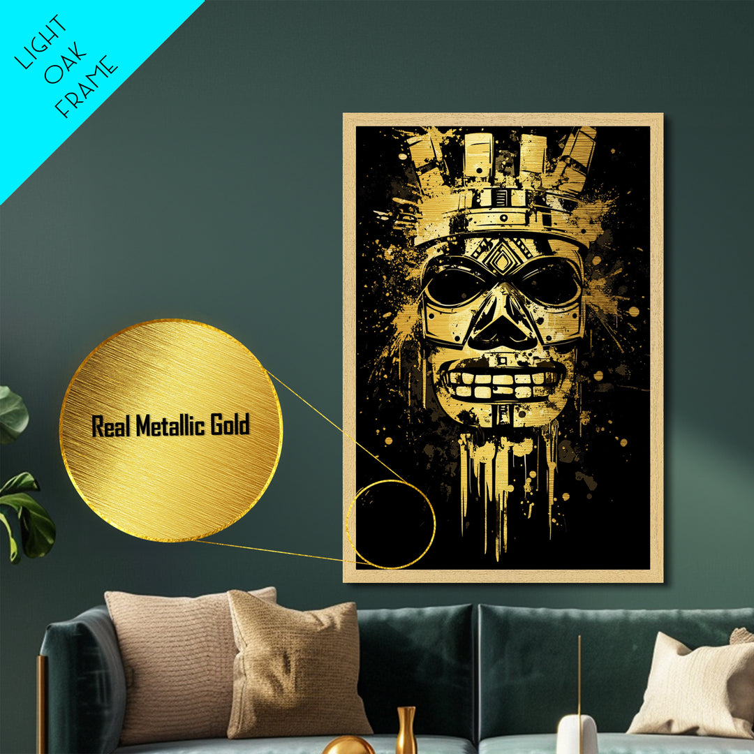 Ancient Warrior Mask Metallic Gold Metal Print, Bold Wall Art With Real Wood Frame, Cultural Splatter Style Home Decor