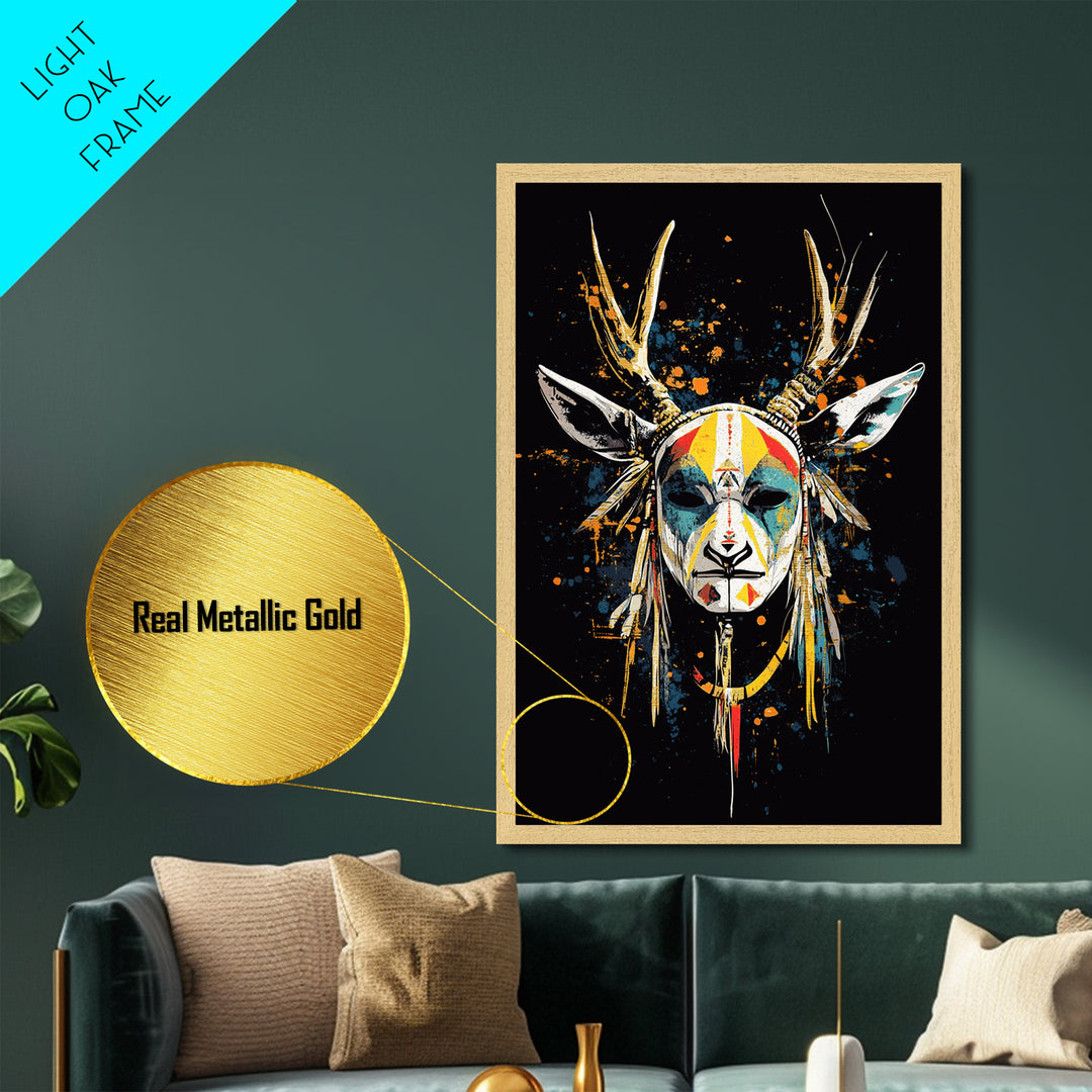 Deer Horn Mask Metallic Gold Metal Print, Tribal Wall Art With Real Wood Frame, Ethnic Splatter Style Bold Wall Accent