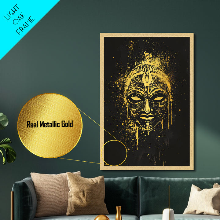 Mystical Goddess Mask Metallic Gold Art, Cultural Wall Print With Real Wood Frame, Splatter Style Decor For Bold Homes