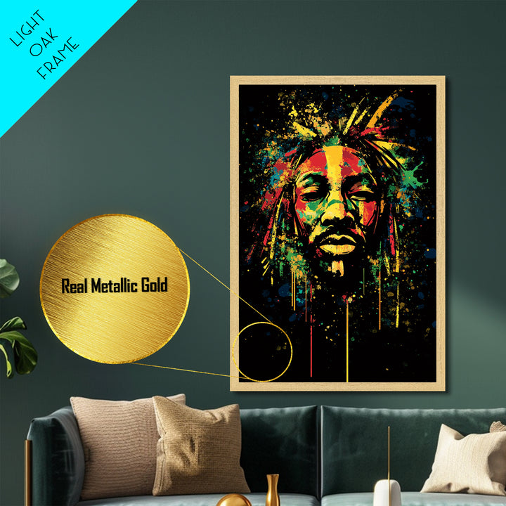 Rastafarian Portrait Metallic Gold Metal Print, Vibrant Cultural Wall Art With Real Wood Frame, Bold Splatter Style Decor