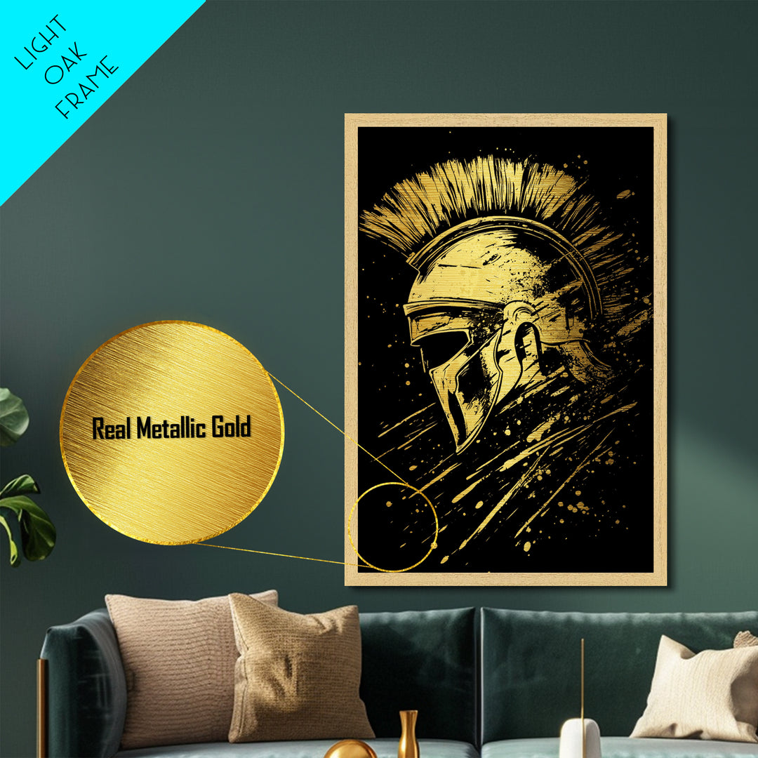 Spartan Warrior Helmet Metallic Gold Metal Print, Ancient Greek Art, Mythology Wall Decor, Real Wood Frame, Bold Statement Piece