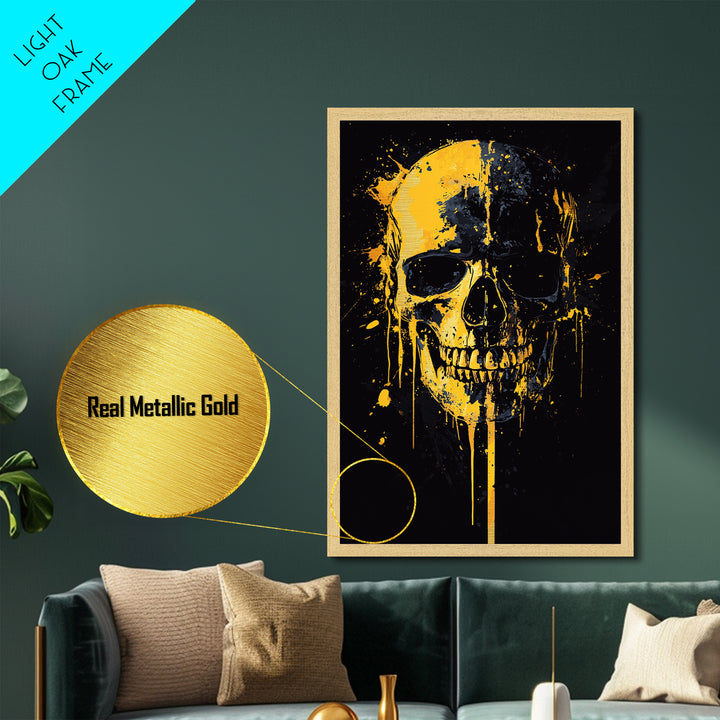Dripping Skull Metallic Gold Metal Print, Gothic Wall Art, Dark Decor, Edgy Skull Artwork, Real Wood Frame, Modern Statement Piece