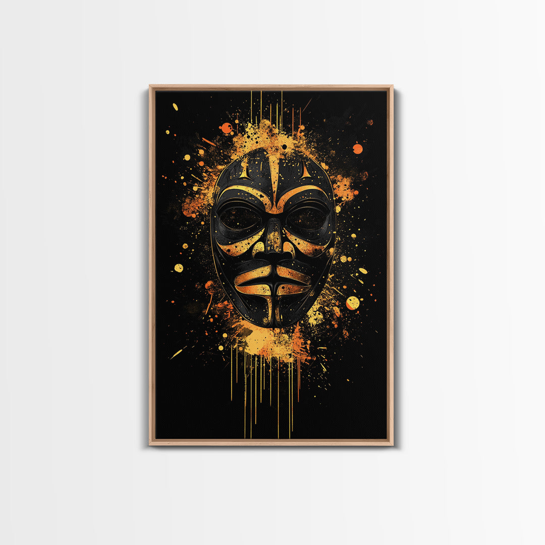 Nordic Warrior Mask Gold Canvas Print, Viking Art, Norse Wall Decor, Bold Splatter Artwork, Real Wood Frame, Mythology Design