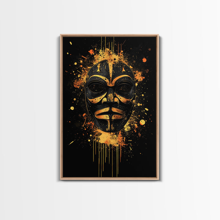 Nordic Warrior Mask Gold Canvas Print, Viking Art, Norse Wall Decor, Bold Splatter Artwork, Real Wood Frame, Mythology Design