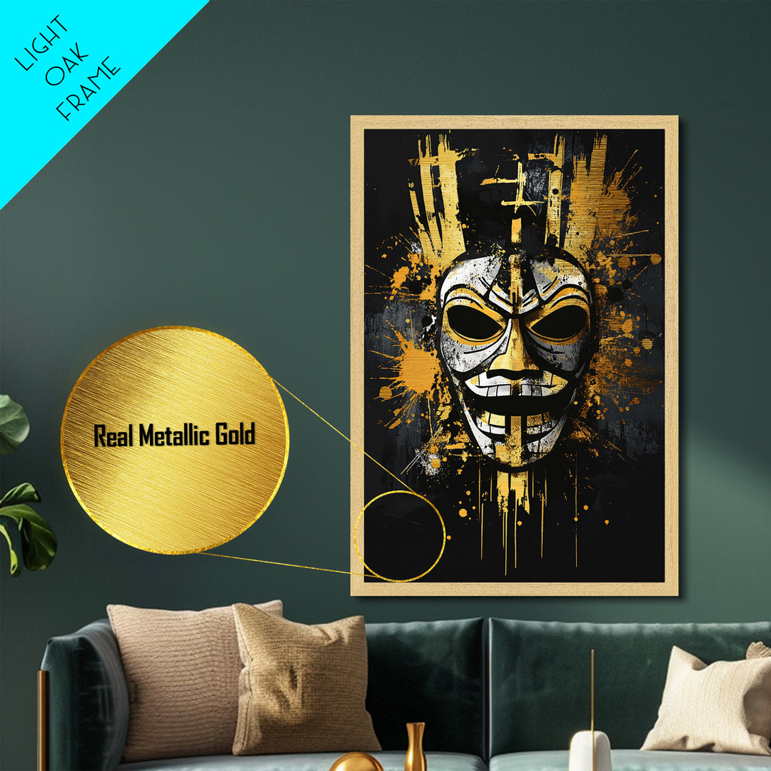 Tribal Warrior Mask Metallic Gold Metal Print, Fierce Mask Art, Bold Wall Decor, Real Wood Frame, Dramatic Splatter Effect Artwork