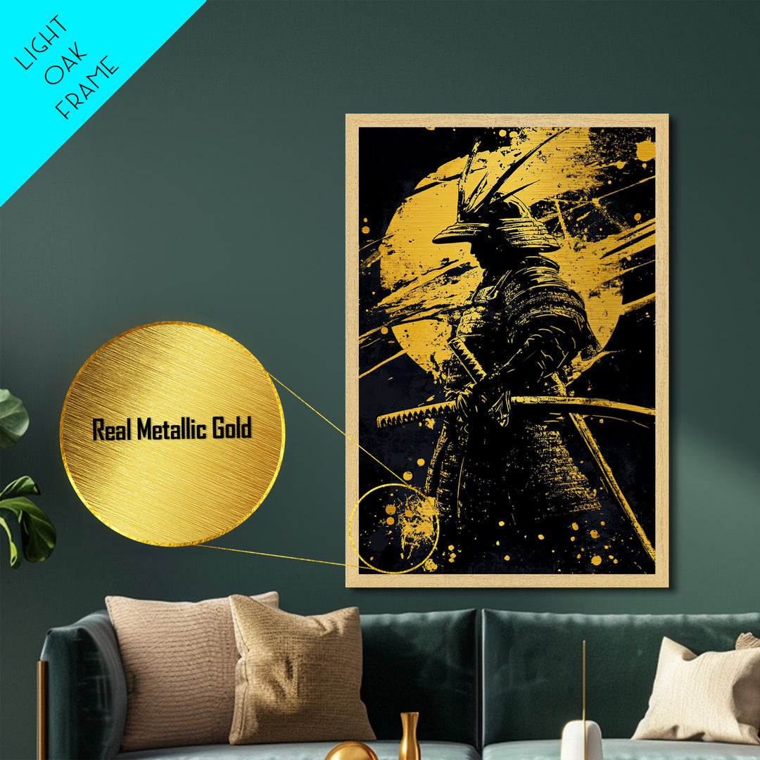Samurai Warrior Metallic Gold Metal Print, Japanese Art, Martial Wall Decor, Bushido Inspired Artwork, Real Wood Frame, Bold Statement Piece