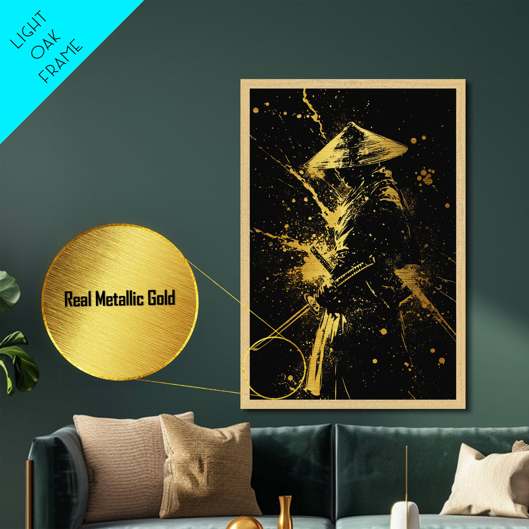 Ronin Samurai Metallic Gold Metal Print, Japanese Warrior Art, Epic Splatter Decor, Real Wood Frame, Fierce Bushido Inspired Wall Artwork