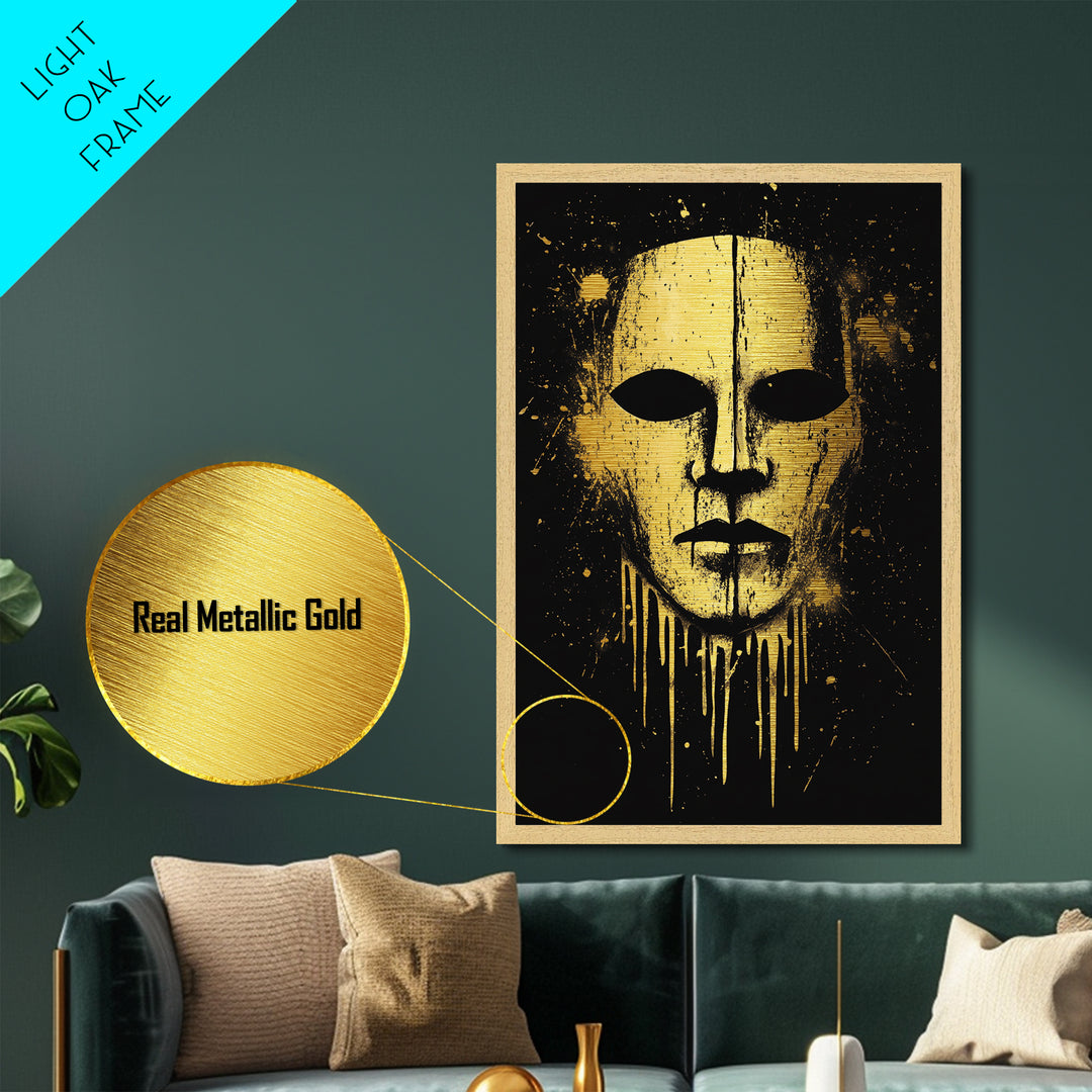 Ancient Warrior Mask Metallic Gold Metal Print, Bold Tribal Decor, Striking Wall Art, Real Wood Frame, Splatter Effect Modern Artwork