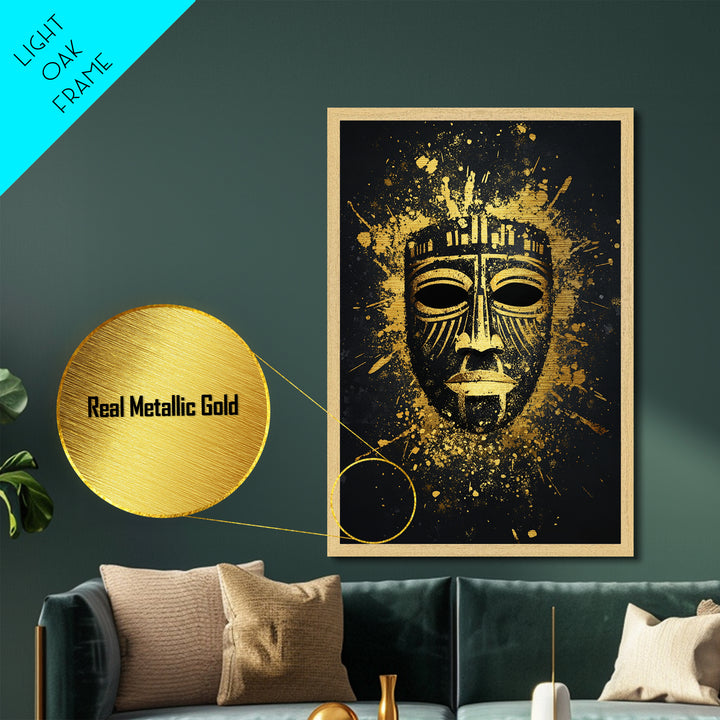 Mystical Tribal Mask Metallic Gold Metal Print, Abstract Wall Art, Bold Statement Decor, Real Wood Frame, Unique Splatter Inspired Artwork