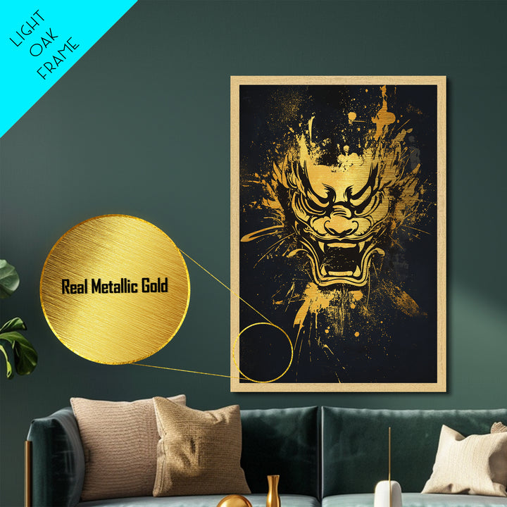 Mythical Dragon Face Metallic Gold Metal Print, Asian Inspired Art, Fierce Wall Decor, Real Wood Frame, Splatter Style Statement Artwork