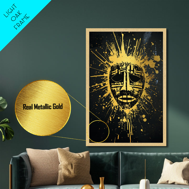 Tribal Mask Metallic Gold Metal Print, Ethnic Wall Art, Real Wood Frame, Splatter Abstract Face Decor, Modern Tribal Home Accent