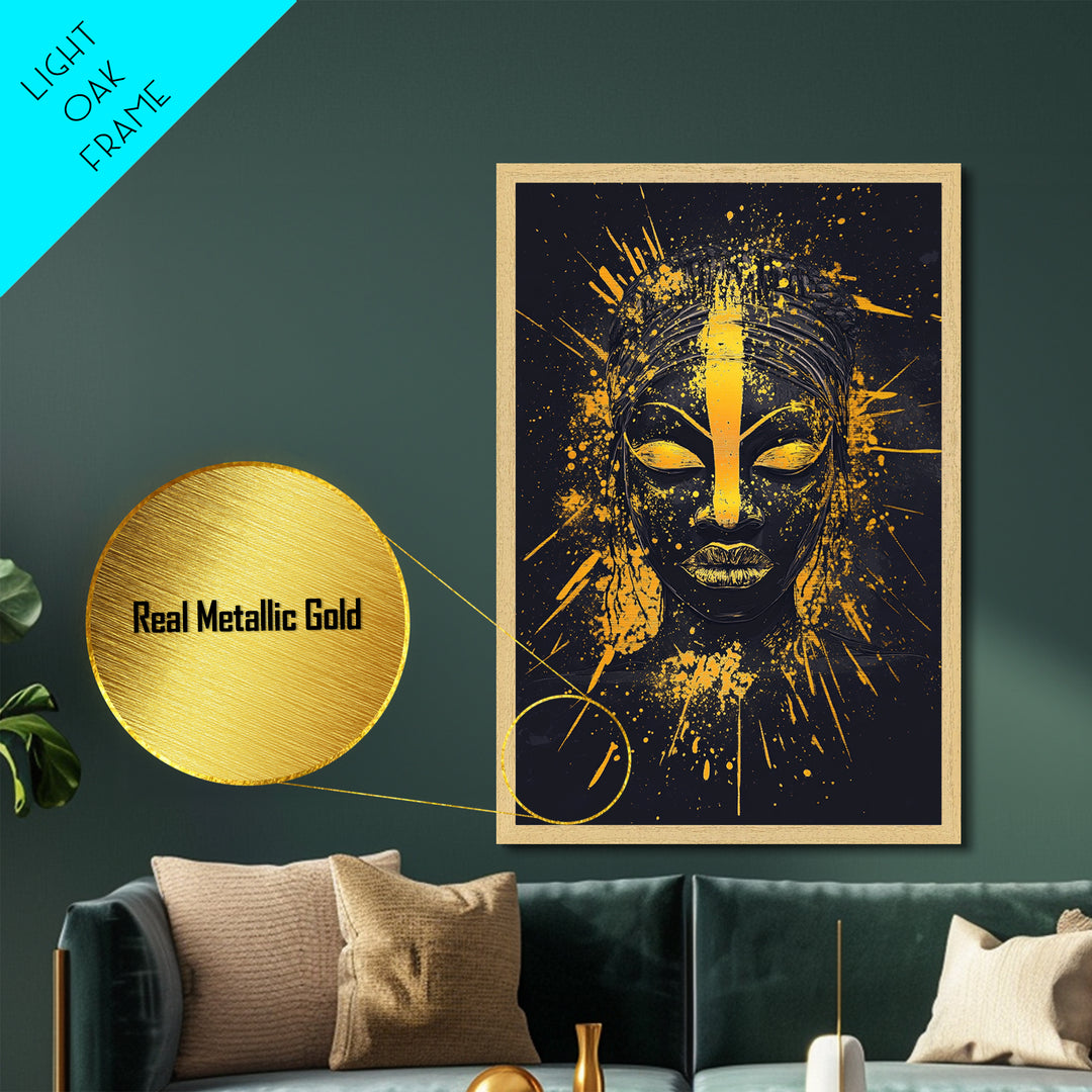 African Goddess Metallic Gold Metal Print, Ethnic Wall Art, Real Wood Frame, Splatter Portrait Art, Bold Tribal Modern Decor
