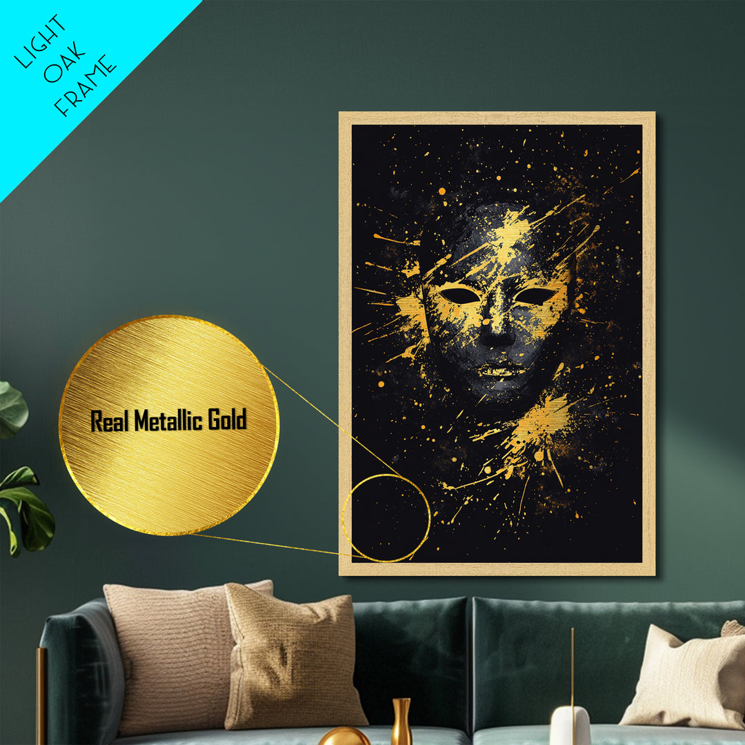 Mystical Face Metallic Gold Metal Print, Tribal Mask Art, Real Wood Frame, Splatter Abstract Decor, Cultural Ethnic Wall Accent