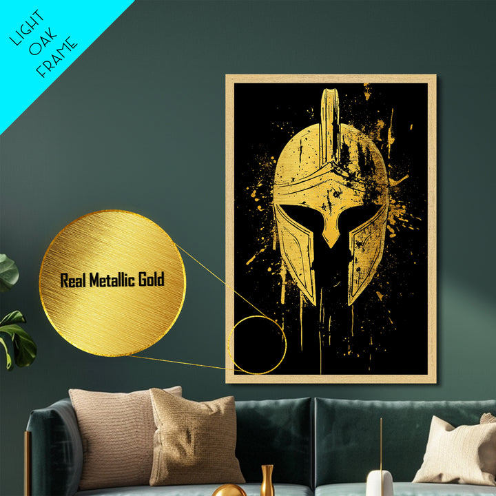 Spartan Helmet Metallic Gold Metal Print, Warrior Wall Art, Real Wood Frame, Bold Historic Decor, Ancient Greek Inspired Artwork