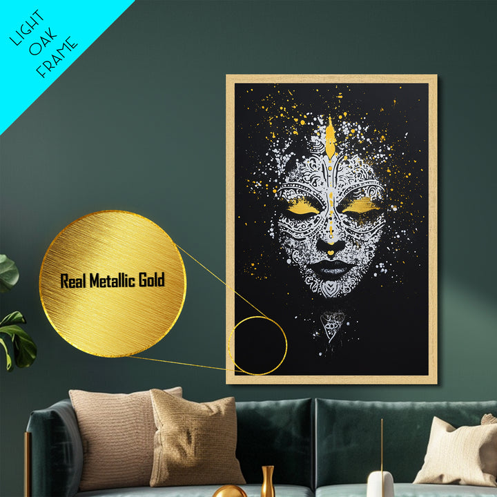 Demon Mask Metallic Gold Metal Print, Tribal Wall Art, Real Wood Frame, Mythical Splatter Art, Cultural Home Decor Accent