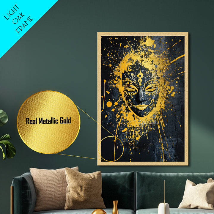 Sacred Mask Metallic Gold Metal Print, Ethnic Wall Art, Real Wood Frame, Mystical Splatter Portrait, Tribal Inspired Home Decor