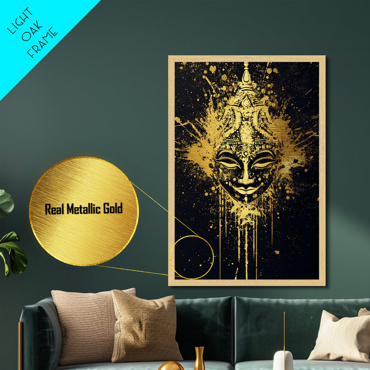 Decorative Mask Metallic Gold Metal Print, Tribal Wall Art, Real Wood Frame, Splatter Abstract Portrait, Ethnic Cultural Accent