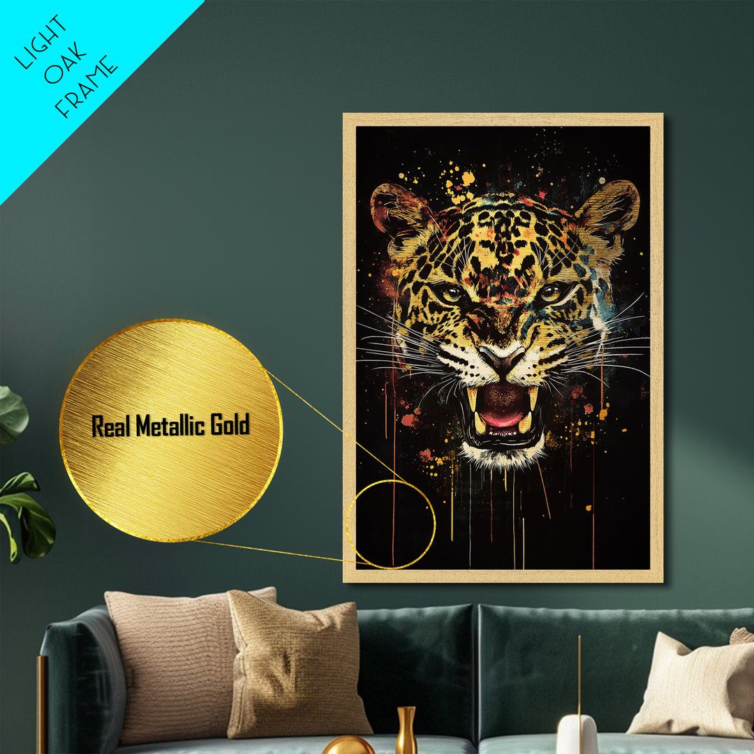 Jaguar Roar Metallic Gold Metal Print, Animal Wall Art, Real Wood Frame, Bold Wildlife Decor, Tribal Inspired Big Cat Home Accent