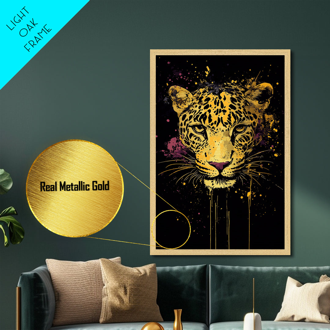 Leopard Portrait Metallic Gold Metal Print, Tribal Animal Art, Real Wood Frame, Splatter Wildlife Decor, Bold Exotic Jungle Artwork