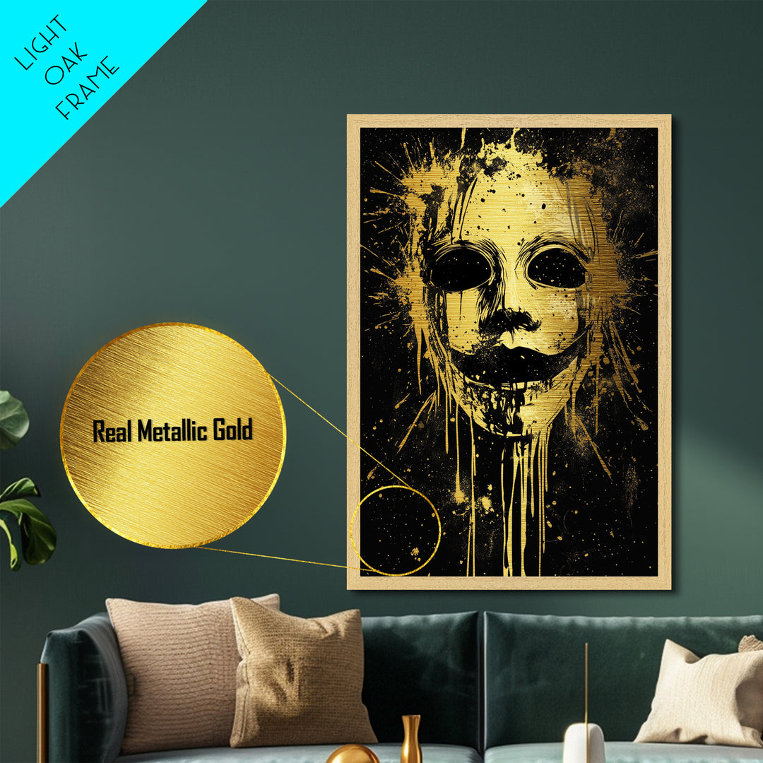 Tribal Mask Splatter Art, Metallic Gold Metal Print, Abstract Ethnic Wall Decor, Real Wood Frame, Modern Warrior Artwork