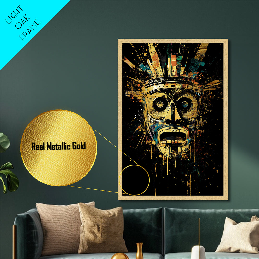 Abstract Splatter Mask Face, Metallic Gold Metal Print, Modern Tribal Wall Art, Real Wood Frame, Contemporary Statement Decor
